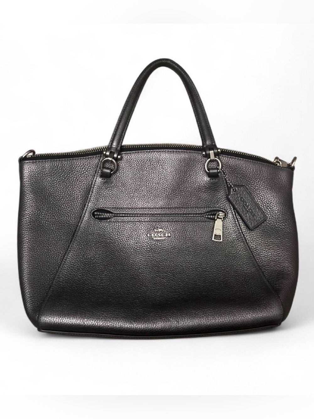Coach Gray Pebbled Leather Shoulder Bag with Front Zip Pocket Women’s Designer